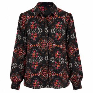 Black Floral Medallion Puff Sleeve Button Down Blouse Top XL peasant whimsigoth